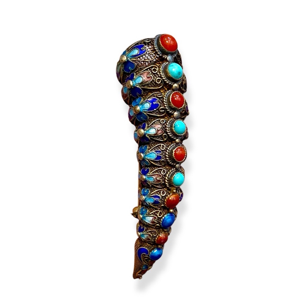 Vintage Chinese Silver Enamel Turquoise Coral Filigree Nail Guard Brooch Pin